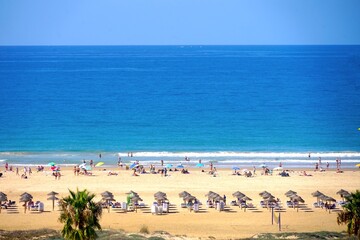 Fototapeta premium aerial view of the beautiful beach Playa los Bateles in Conil de la Frontera with palms, beach lounger and parasols, Andalusia, Costa de la Luz, Spain