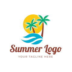 Obraz premium summer beach logo vector illustration. Sunset summer beach logo Vector