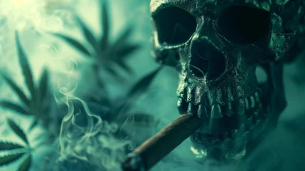 Foto op Aluminium Skull smoking a cigar in front of cannabis plants, cannabis background, green marijuana background. © A LOT ABOUT EVERYTHI