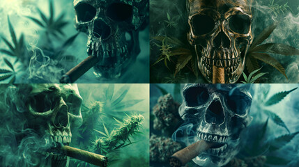 Skull smoking a cigar in front of cannabis plants, cannabis background, green marijuana background. - obrazy, fototapety, plakaty