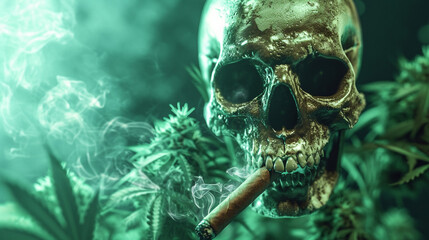 Skull smoking a cigar in front of cannabis plants, cannabis background, green marijuana background. - obrazy, fototapety, plakaty