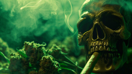 Skull smoking a cigar in front of cannabis plants, cannabis background, green marijuana background.