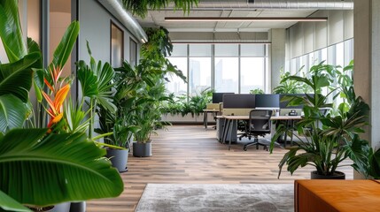 Fototapeta na wymiar An office space with large windows, desks, chairs, and numerous green indoor plants