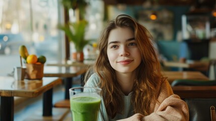 A young woman sitting in a cafe with a green smoothie on the table, healthy eating habits and dieting