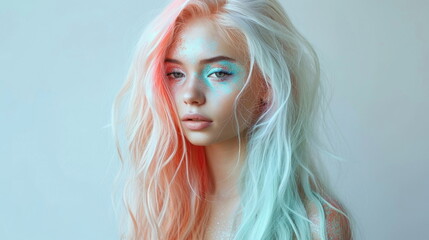 Portrait of a woman with creative makeup resembling a mermaid with colorful hair.