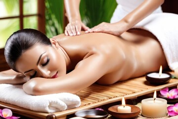 Beautiful woman receiving back massage in beauty spa salon. Beauty treatment concept. Generative AI