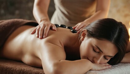 Obraz na płótnie Canvas Beautiful woman receiving back massage in beauty spa salon. Beauty treatment concept. Generative AI