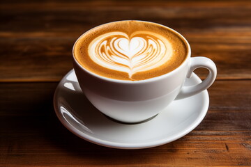 Close up heart shape latte art on wood table,cappuccino art, Generated AI