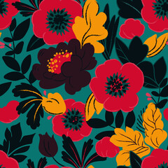 Decorative seamless floral pattern. Hand drawn design for textile, fabric, wallpaper, web, print. Red and green stylized flowers and plants. Vector pattern