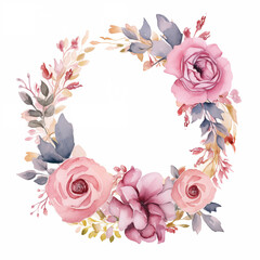 Round Wreaths, floral frames, watercolor flowers, pink roses, Illustration hand painted. Isolated on white background. Perfectly for greeting card design, wedding stationary invitation 