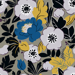Decorative seamless floral pattern. Hand drawn design for textile, fabric, wallpaper, web, print. Colorful  stylized flowers and plants.  - 707873898