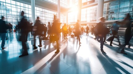 Blurred motion, long exposure shot of a crowd of business people walking in the office lobby. Created with Generative Ai technology.