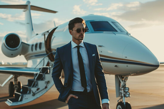 Portrait of a businessman in front of business jet. Financial success concept.	
