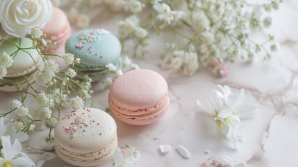 Fototapeta na wymiar Traditional delicious French dessert - sweet homemade macaroons on a vintage plate. Colourful tasty macaroons served on a white china. Decorated with white Overtime Gypsophila flowers.