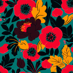 Decorative seamless floral pattern. Hand drawn design for textile, fabric, wallpaper, web, print. Red and green stylized flowers and plants.  - 707876634