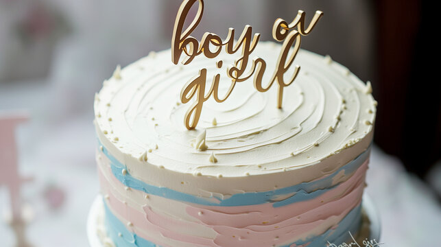 A cake for gender reveal party with gold "boy or girl" topper on cake, blue and pink tones, gender reveal party, pregnancy, baby shower, baby, expecting, oh baby
