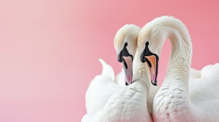  A couple of swan fall in love with pink background with copy space.