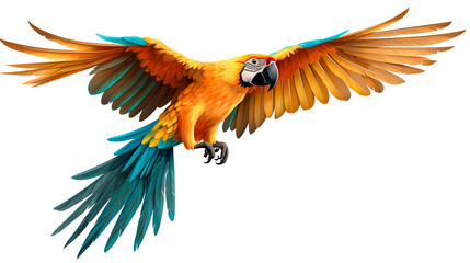 Beautiful flying macaw isolated on white background - obrazy, fototapety, plakaty