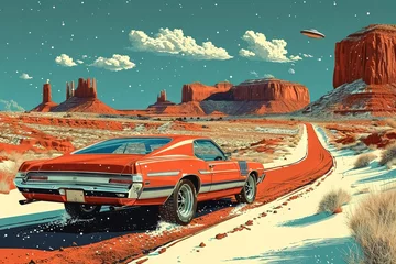Foto op Plexiglas A Poster Retro futuristic seventies car escaping from a flying saucer laser attack in monument valley desert © Andrea Izzotti