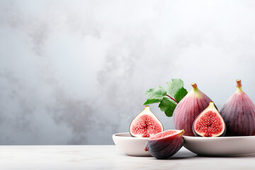 Ripe figs on white plate and grey background with copy space