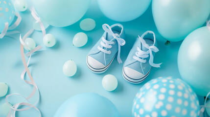 A pair of blue newborn baby shoes sneakers next to blue different sized blue balloons, gender reveal, baby shower, pregnancy, pregnant, baby, expecting, oh baby - obrazy, fototapety, plakaty