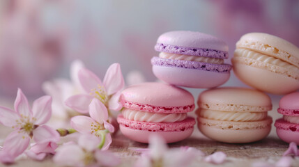 Fototapeta na wymiar Almond French Macaroon on top of each other on a pale purple background. with pink blossom. Abstract background with macaron & flower with copy space.