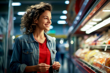 A beautiful young lady in a positive state of mind is engaged in the purchase of goods in a large grocery store or supermarket. A selection of healthy and appetizing foods. - obrazy, fototapety, plakaty