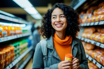A beautiful young woman in a great mood is shopping for groceries at a large grocery store or shopping mall. A selection of nutritious and delicious foods for dinner. - obrazy, fototapety, plakaty