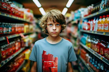 Portrait of a blond teenage boy among high shelves with soda making a purchase. Harmful products that teenagers choose.