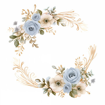 Round Wreaths, floral frames, watercolor flowers, blue roses, Illustration hand painted. Isolated on white background. Perfectly for greeting card design, wedding stationary invitation 