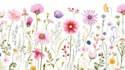 delicate flower garden watercolor seamless pattern on white background