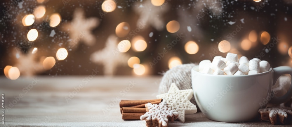 Poster Snowflake mugs with hot chocolate, marshmallows, and cinnamon sticks on tile counter with soft-focus marshmallow bowl. Closeup shot with shallow depth of field.