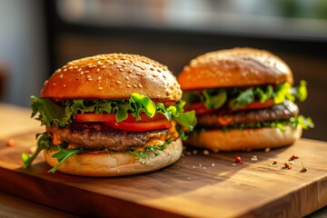 Two fresh homemade tasty burgers on cutting board in cafe, selective focuse. Fast food concept.