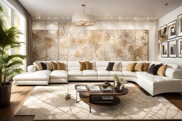 A contemporary living room with white sectional sofas, cream-colored rugs, and artistic wall accents for a modern touch.