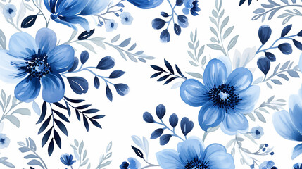 Fototapeta na wymiar pretty blue floral watercolor seamless pattern on white background simple wedding design