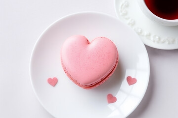 French macaron heart shaped Valentine gift. Romantic date coffee dessert cookie confection. Light...