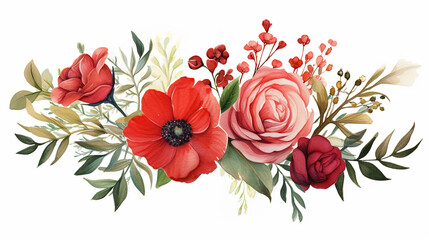 beautiful floral design with red green flower garden watercolor arrangement on white background - obrazy, fototapety, plakaty