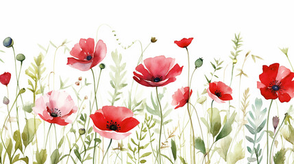 red green flower garden watercolor seamless border on white background