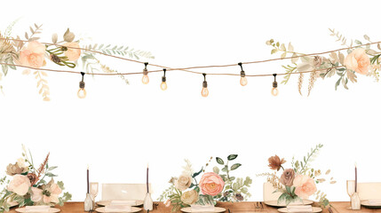 rehearsal dinner theme with vintage floral and string light on white background