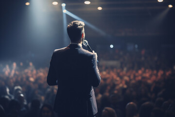 Rear view of motivational speaker standing on stage in front of audience in conference or business event