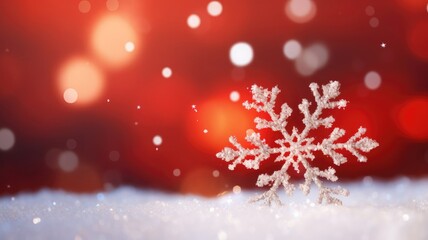 One large white snowflake on the snow on a red blurred background of the side. A place for the text. New Year's background. A Christmas card.