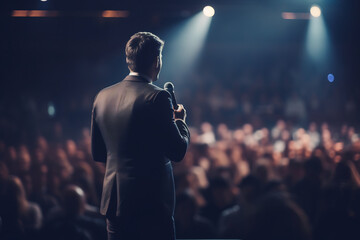 Rear view of motivational speaker standing on stage in front of audience in conference or business event