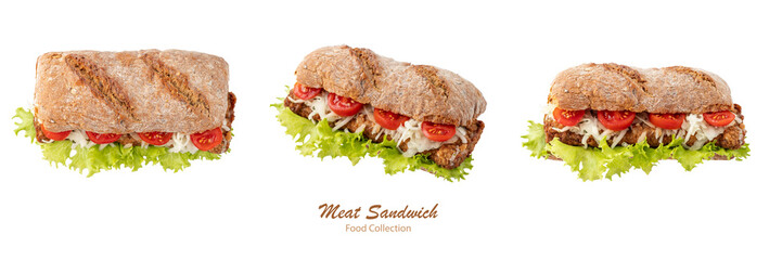 Sandwich with grilled minced meat isolated on white background. Kofta sandwich with sauce, sliced cabbage, onion, lettuce salad leaves and tomato.