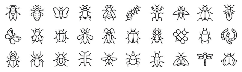 Set of 30 outline icons related to insects. Linear icon collection. Editable stroke. Vector illustration - obrazy, fototapety, plakaty