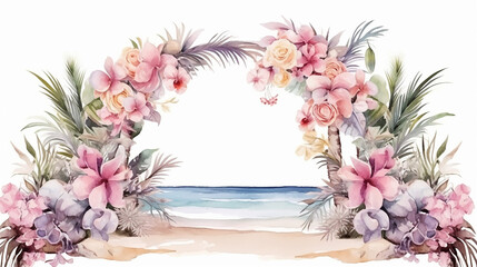 wedding floral with beach and palm tree watercolor background