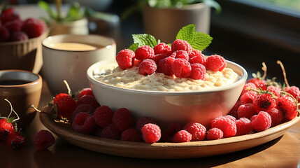 Traditional breakfast - oatmeal porridge with berries in ceramic bowl.