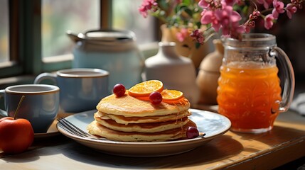 Traditional breakfast with pancakes.