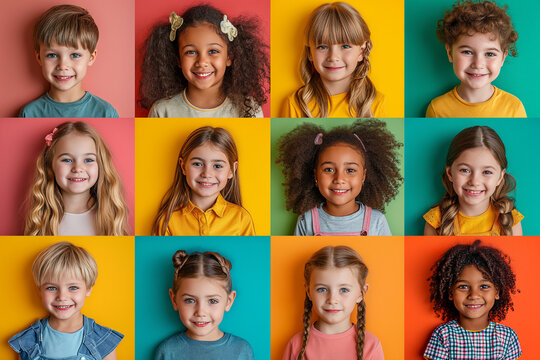 A collage of photographs of several friendly schoolchildren of different races, boys and girls, isolated on a color background.