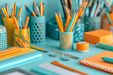 School supplies, school backpack, notebooks, pens and pencils, pencil case, textbooks. Back to school. Knowledge and learning concept. Flat lay. Space for text.Copy space - Powered by Adobe