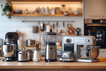 Different household appliances on table in kitchen. Household appliances on the background of a modern kitchen. Coffee machine, toaster, oven, microwave, mixer, blender, electric kettle.  - obrazy, fototapety, plakaty